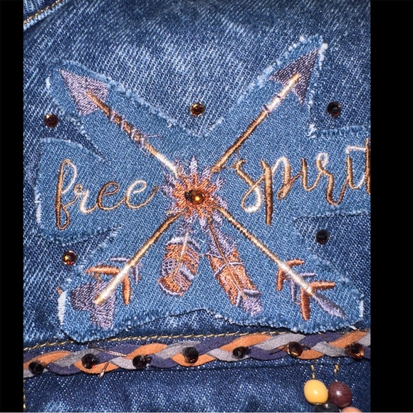 Native American Woman Embroidered Crystal Embellished Jean Jacket - Picture 5 of 12